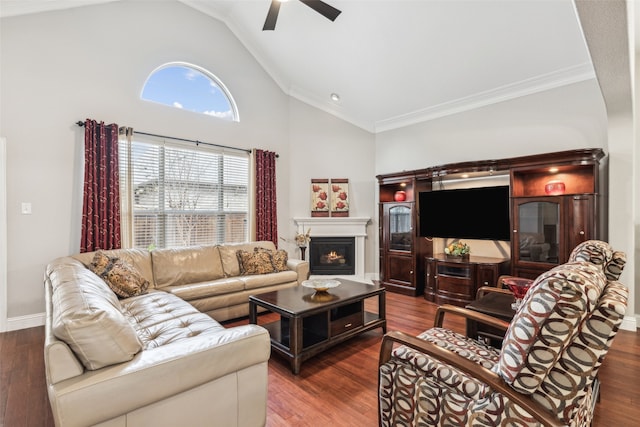 living area featuring high vaulted ceiling, a warm lit fireplace, wood finished floors, and crown molding