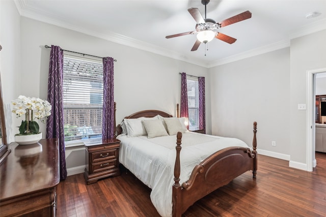 bedroom with baseboards, multiple windows, dark wood finished floors, and crown molding