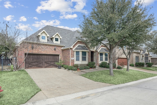 view of front of house featuring driveway, roof with shingles, a front lawn, a garage, and brick siding