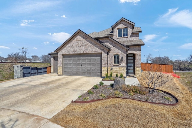 french country home featuring brick siding, a shingled roof, concrete driveway, fence, and a garage