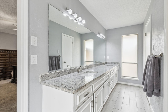 bathroom featuring a sink, a textured ceiling, baseboards, and double vanity