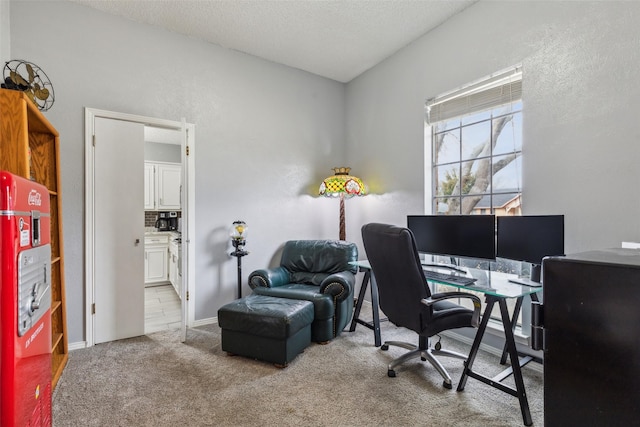 office space with carpet floors, baseboards, and a textured ceiling