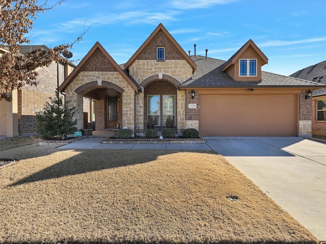 view of front facade featuring an attached garage, brick siding, driveway, stone siding, and roof with shingles