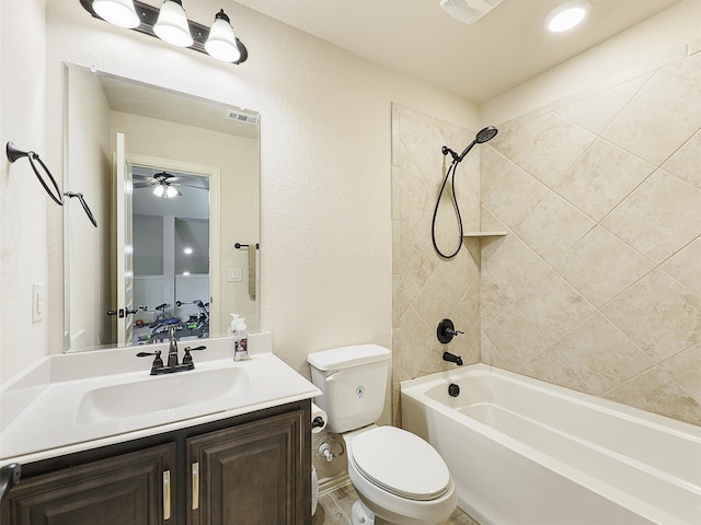 full bath with shower / washtub combination, visible vents, vanity, and toilet