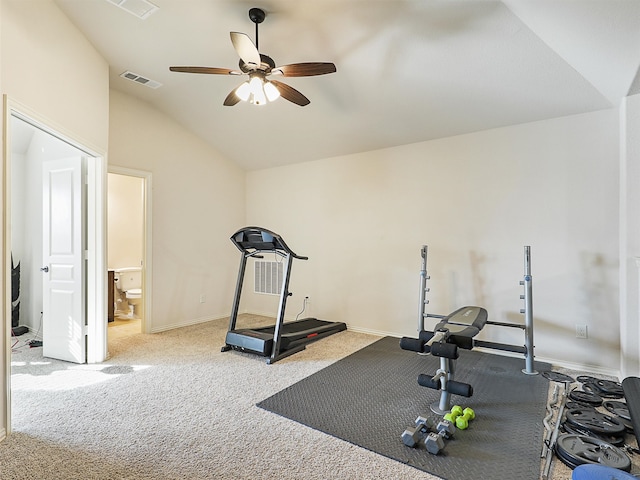 workout area featuring visible vents, baseboards, ceiling fan, carpet, and vaulted ceiling