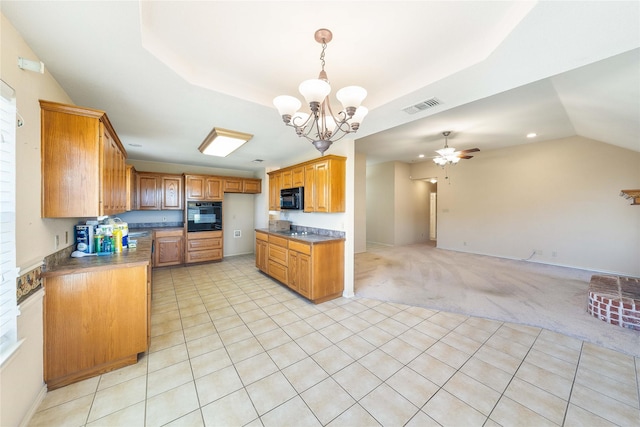 kitchen with light colored carpet, visible vents, open floor plan, brown cabinets, and black appliances