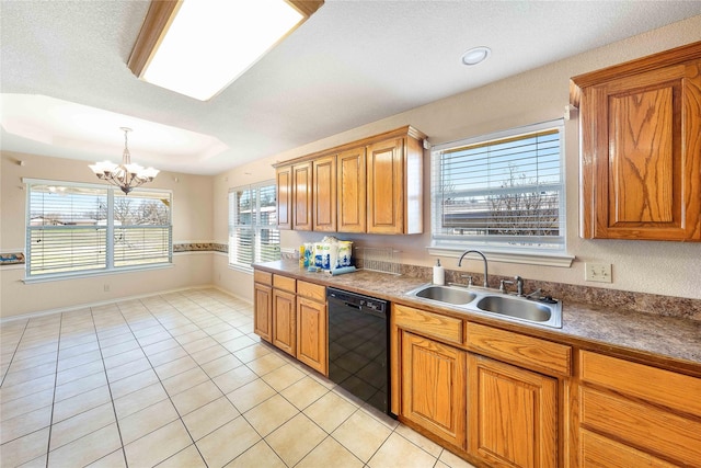 kitchen with light tile patterned floors, black dishwasher, brown cabinets, a chandelier, and a sink