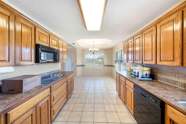 kitchen featuring black appliances, light tile patterned flooring, and brown cabinets