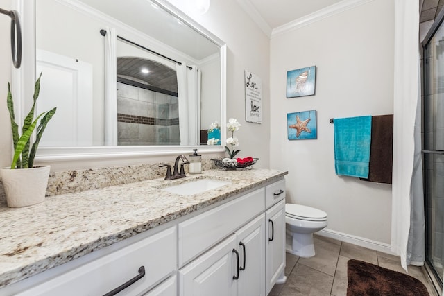 full bathroom featuring a stall shower, crown molding, and vanity