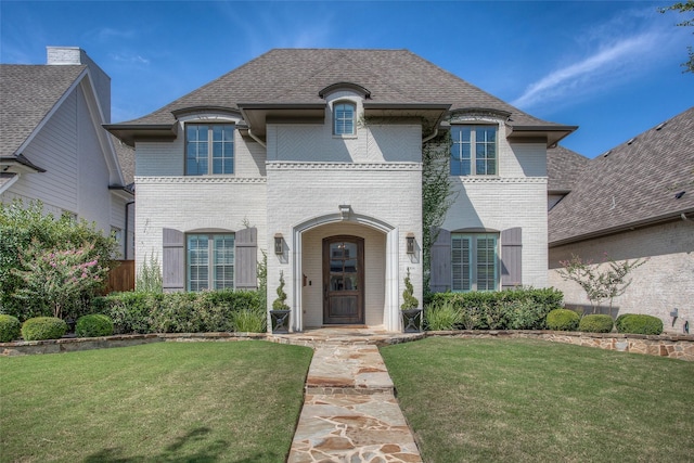 french country style house with a front lawn, brick siding, and a shingled roof