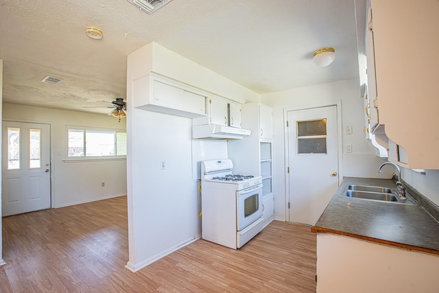 kitchen featuring visible vents, white gas stove, light wood-type flooring, under cabinet range hood, and a sink