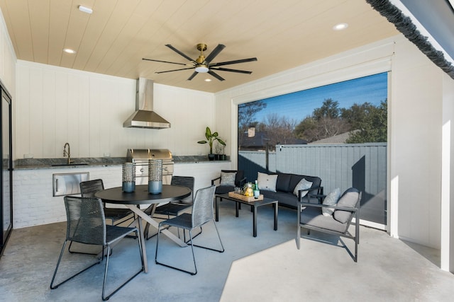 view of patio / terrace featuring an outdoor kitchen, an outdoor hangout area, outdoor dining space, ceiling fan, and a sink