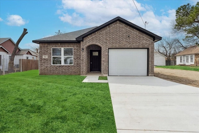 ranch-style home featuring a garage, brick siding, fence, concrete driveway, and a front yard