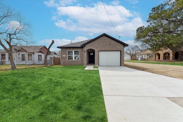 ranch-style house with a garage, brick siding, concrete driveway, fence, and a front yard