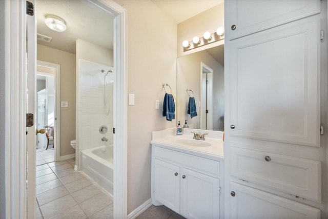 bathroom featuring tile patterned flooring, visible vents, toilet, shower / bathtub combination, and vanity