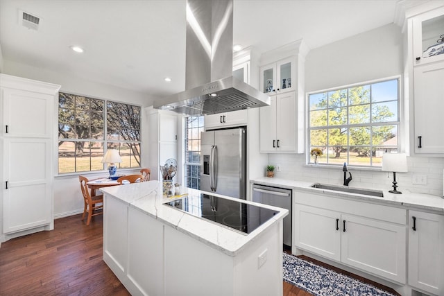 kitchen with visible vents, a sink, range hood, a center island, and appliances with stainless steel finishes