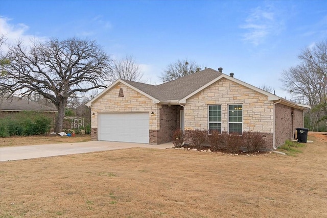 ranch-style house with a garage, a front yard, roof with shingles, and driveway