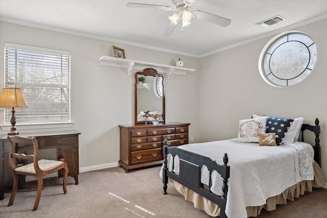 bedroom with baseboards, visible vents, crown molding, and light colored carpet