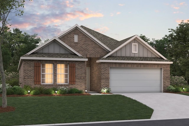 view of front of house featuring concrete driveway, brick siding, a front lawn, and an attached garage