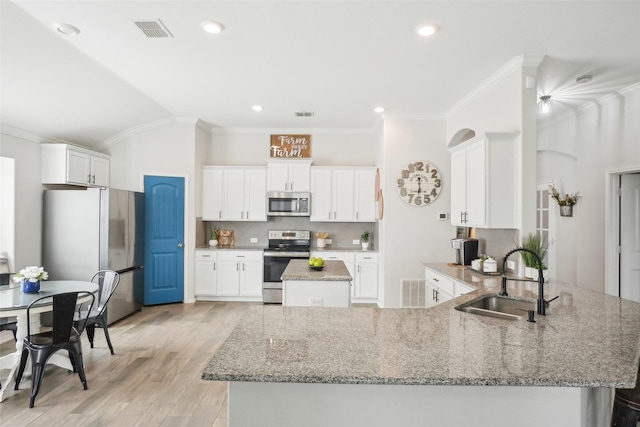 kitchen featuring backsplash, light wood-style flooring, appliances with stainless steel finishes, a sink, and a peninsula