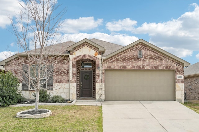 view of front of house with an attached garage, brick siding, a shingled roof, concrete driveway, and stone siding