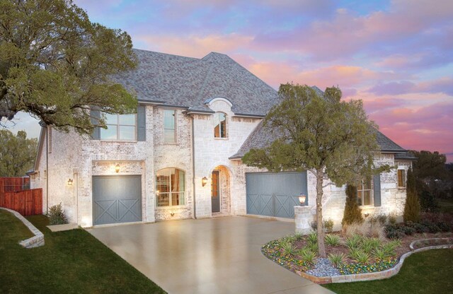 french provincial home featuring a garage, concrete driveway, brick siding, and roof with shingles