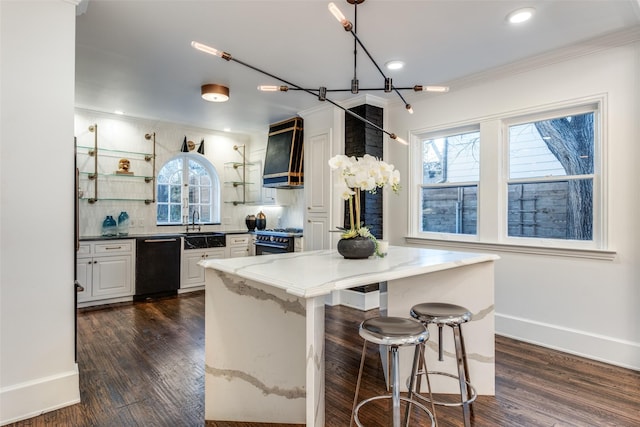 kitchen with open shelves, a healthy amount of sunlight, black dishwasher, and range with gas stovetop