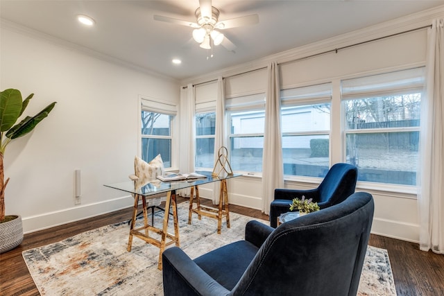 office featuring baseboards, plenty of natural light, dark wood finished floors, and crown molding