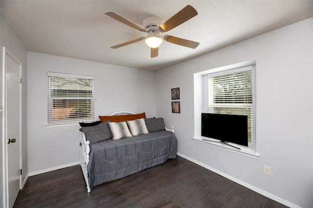 bedroom featuring multiple windows, wood finished floors, and baseboards