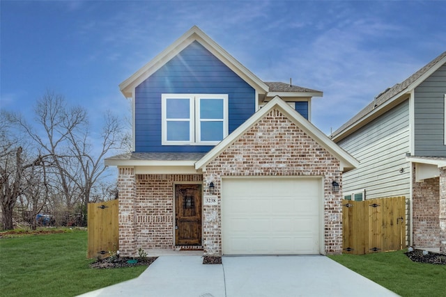 view of front of property with an attached garage, brick siding, fence, concrete driveway, and a front lawn