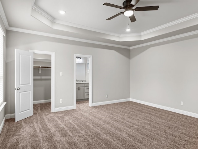 unfurnished bedroom featuring carpet floors, a spacious closet, ornamental molding, and a raised ceiling