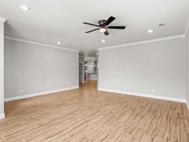 unfurnished living room featuring visible vents, baseboards, light wood-style flooring, ceiling fan, and recessed lighting