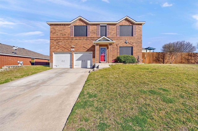 traditional-style home with driveway, a garage, fence, a front lawn, and brick siding