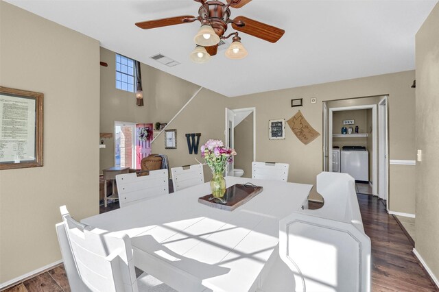 dining space with dark wood-style flooring, visible vents, ceiling fan, washer and dryer, and baseboards