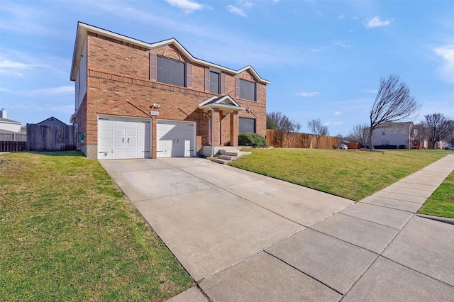 traditional home featuring a garage, fence, concrete driveway, and brick siding