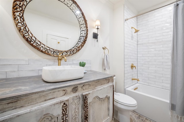 1502 W Virginia St, Mckinney, TX 75069 - full bathroom featuring toilet, shower / bath combo, vanity, tasteful backsplash, and ornamental molding