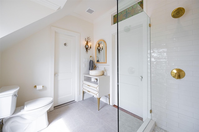 1502 W Virginia St, Mckinney, TX 75069 - full bath with toilet, a walk in shower, crown molding, vanity, and tile patterned flooring