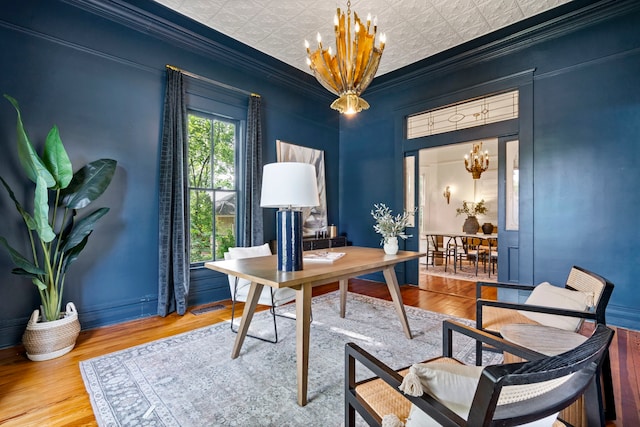 1502 W Virginia St, Mckinney, TX 75069 - office area with a chandelier, ornamental molding, wood finished floors, an ornate ceiling, and baseboards