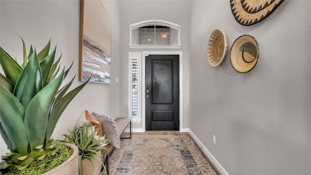 foyer entrance with baseboards and wood finished floors