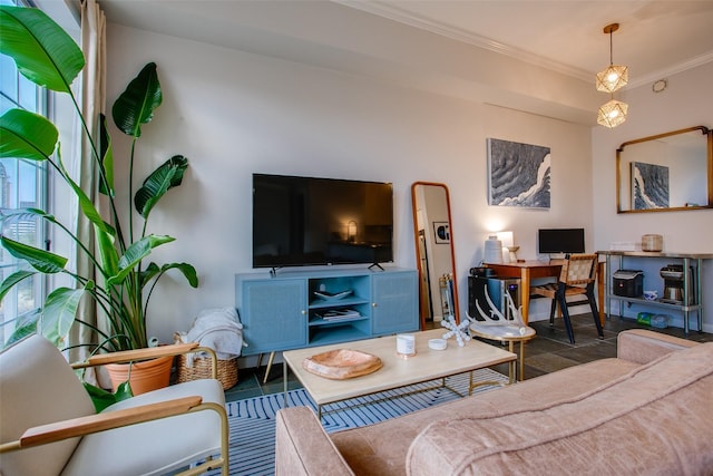 living area with ornamental molding