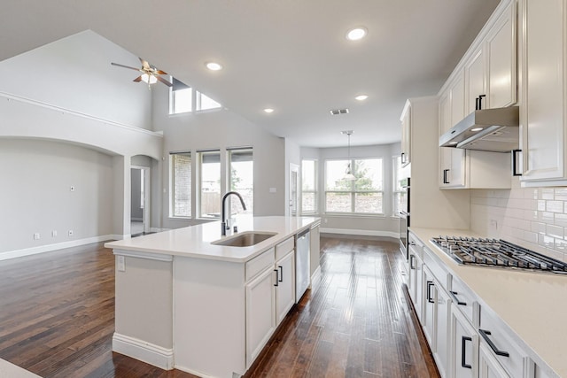 kitchen featuring a kitchen island with sink, under cabinet range hood, a sink, visible vents, and appliances with stainless steel finishes