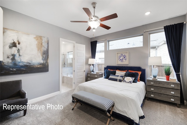 bedroom with baseboards, connected bathroom, ceiling fan, carpet floors, and recessed lighting