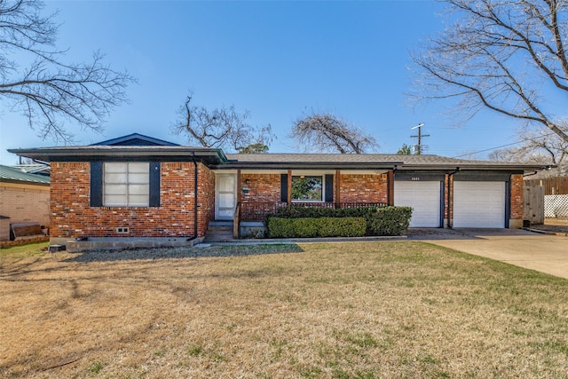 single story home with brick siding, concrete driveway, an attached garage, fence, and a front yard