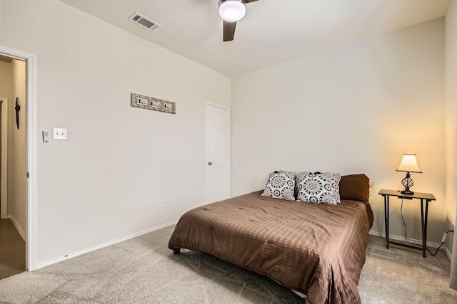 bedroom with carpet, visible vents, ceiling fan, and baseboards