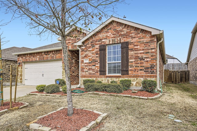 ranch-style house with a garage, concrete driveway, brick siding, and fence