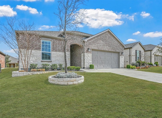 view of front of property featuring brick siding, concrete driveway, a front yard, a garage, and stone siding