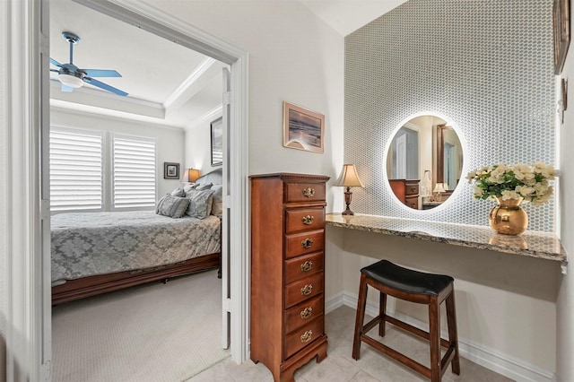 bedroom with ceiling fan, crown molding, baseboards, and wallpapered walls