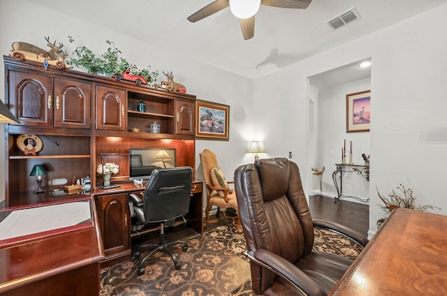 office space featuring ceiling fan, visible vents, and dark wood-style flooring