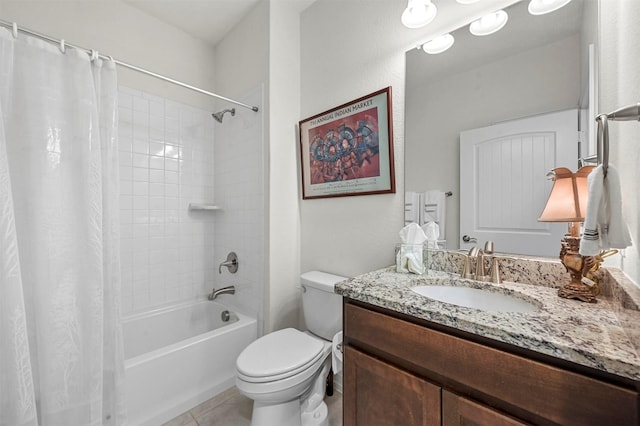 bathroom with vanity, shower / bath combination with curtain, tile patterned flooring, and toilet