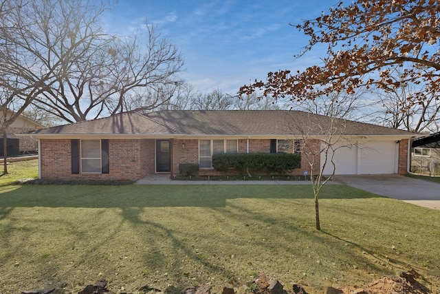 ranch-style house featuring brick siding, a garage, concrete driveway, and a front lawn